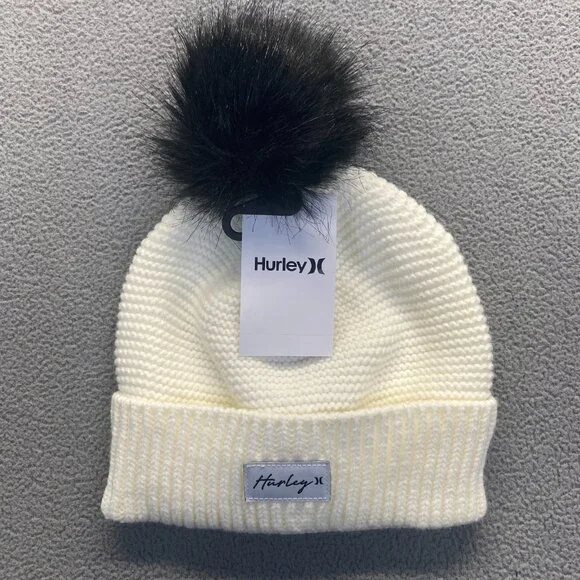 Hurley Women’s Cream Knit Beanie with PomPom One Size Thermal,Outdoor  New - Picture 8 of 8